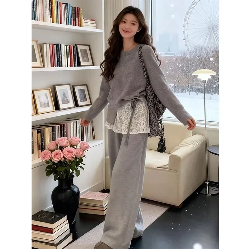灰色系穿搭2026春季新款针织衫裤子两件套高级感洋气套装一整套