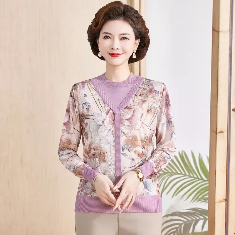 妈妈装小衫中老年女装春季优雅时尚休闲针织衫宽松上衣假两件套楠
