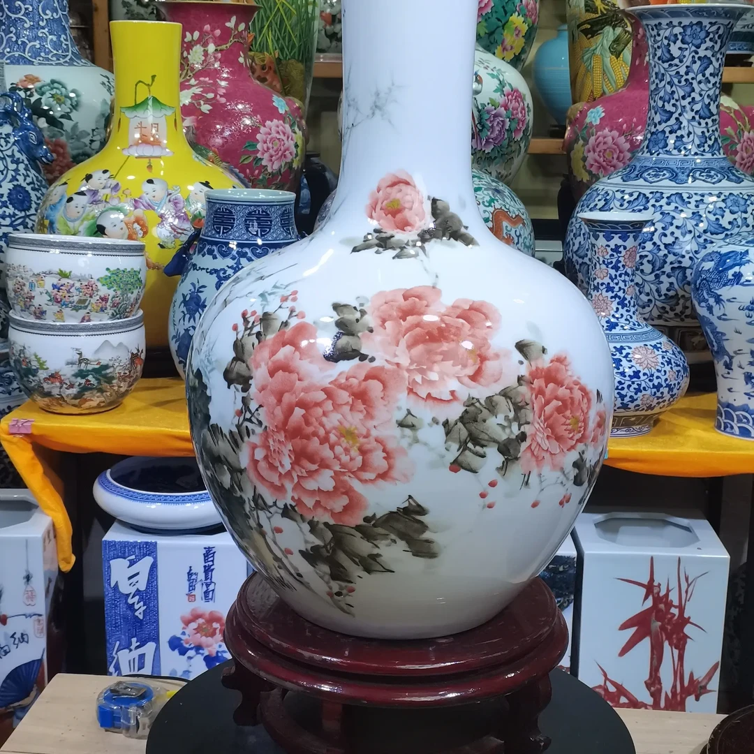 纯手工手绘富贵牡丹天球瓶家居摆件尺寸52X35