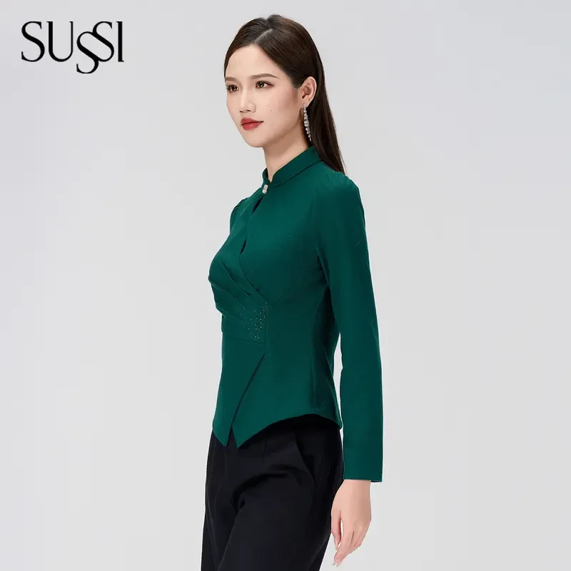SUSSI/古色24秋季新品苍翠绿中式简约百搭收腰羊毛上衣女装