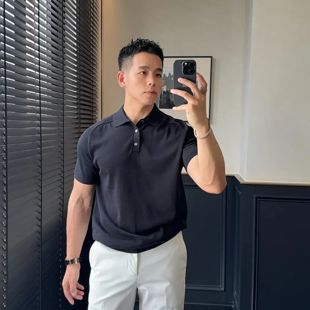 早秋短袖针织衫时尚简约高品质纯色休闲半袖百搭翻领Polo衫男士