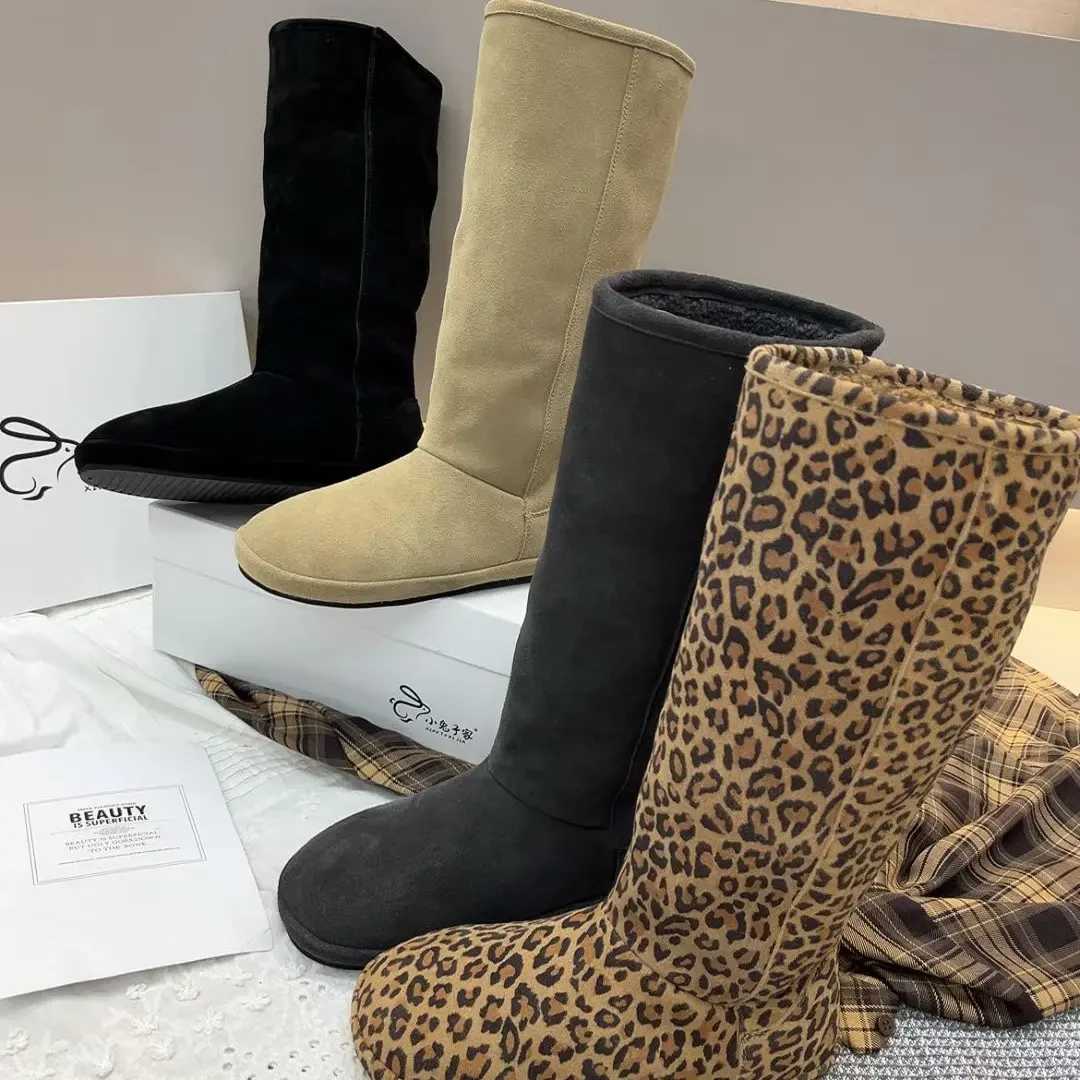 欧货豹纹磨砂皮厚底短筒加绒保暖防滑百搭雪地靴女棉鞋