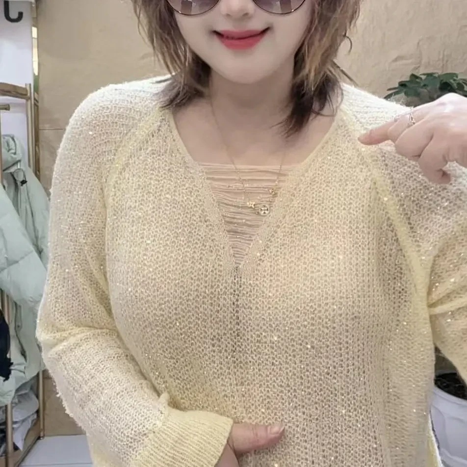 26058欧潮明娟大码女装椰蓉毛织V领长袖衫套头款