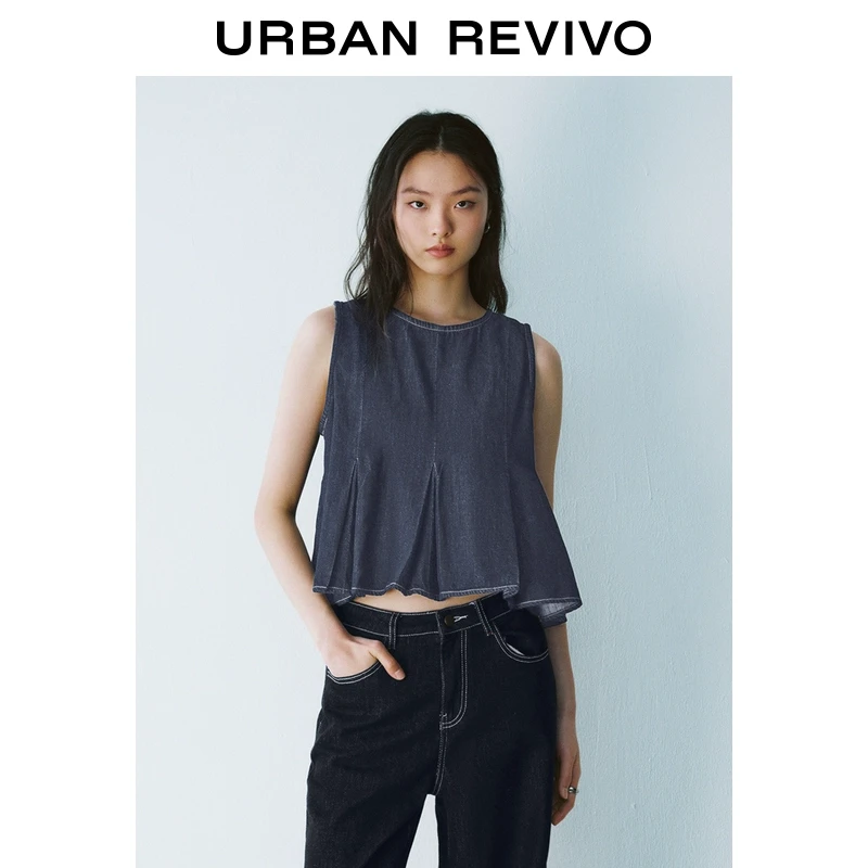 UR2025春季新品女装欧若风复古休闲短款无袖牛仔衬衫UYU850001