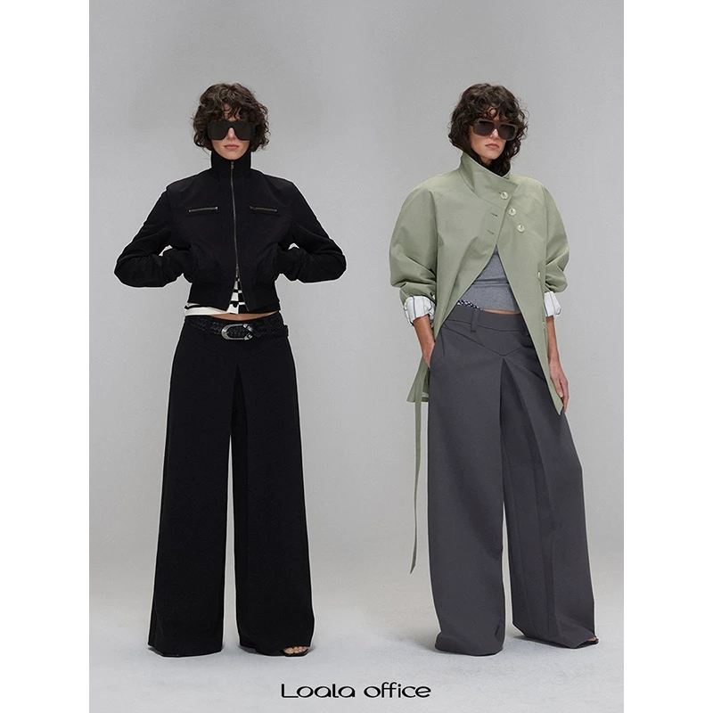 Loala office 立体感活页叠褶直筒西装裤