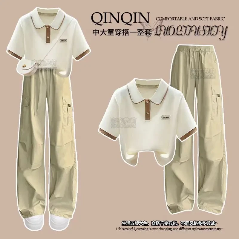 女童夏季工装裤套装2025新款初中高中生运动短袖青少年夏装阔腿裤