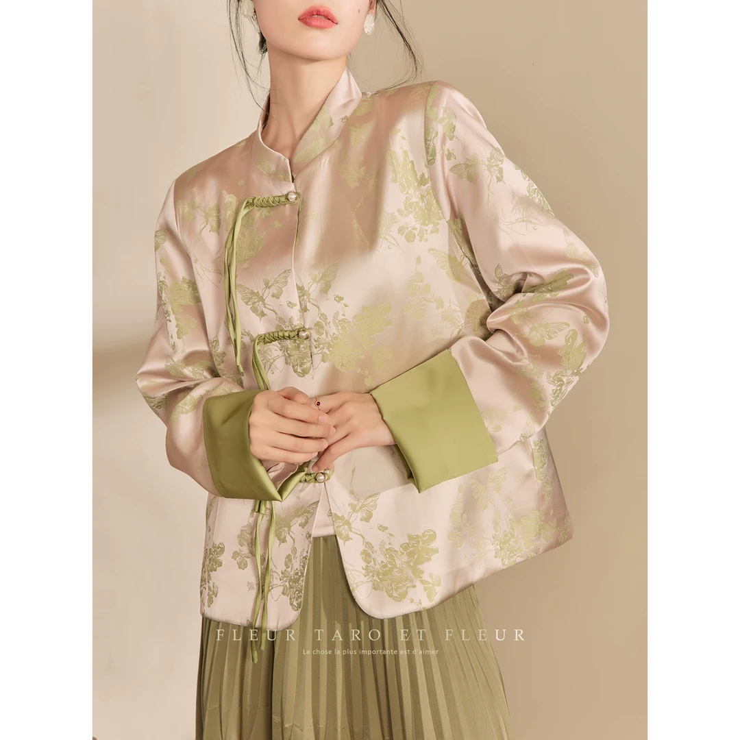 新中式外套国风女装2024秋款盘扣轻奢重工高级感绿色气质复古上衣