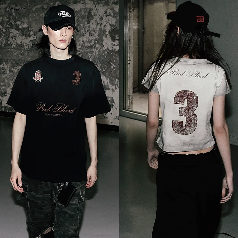 badblood美式复古扎染徽标印花T恤男女同款休闲运动做旧短袖上衣