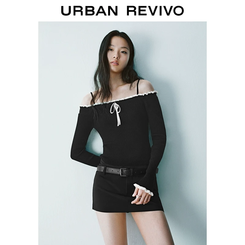 UR2025春季新品女装欧若风撞色蝴蝶结一字领短款针织衫UYY950010