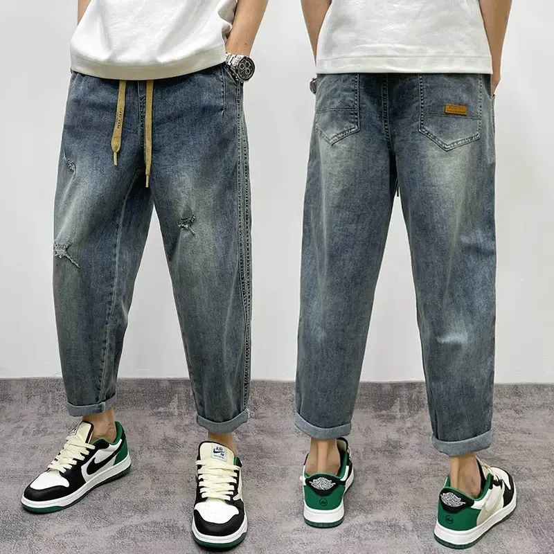 男裤潮流复古痞帅破洞牛仔裤男士潮流春夏季薄款宽松九分裤休闲BQ