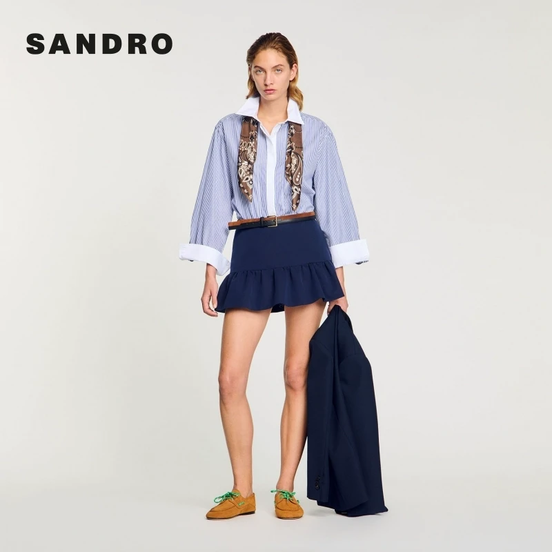 博主同款|SANDRO2025秋季新款女装深蓝色荷叶边半身裙SFPSH00457