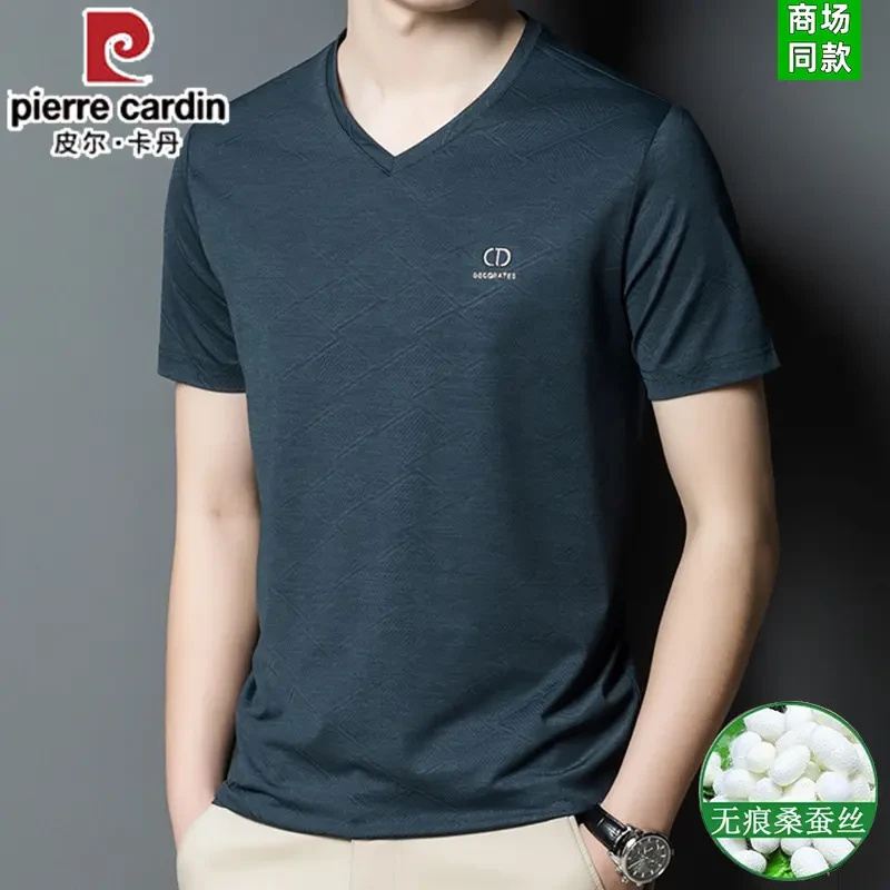 皮尔卡丹桑蚕丝男士短袖t恤V领夏季新款中年速干冰丝鸡心领半袖薄