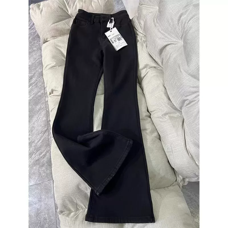 雪千羽黑色微喇牛仔裤女春秋冬加绒梨形身材高腰显瘦弹力喇叭长裤