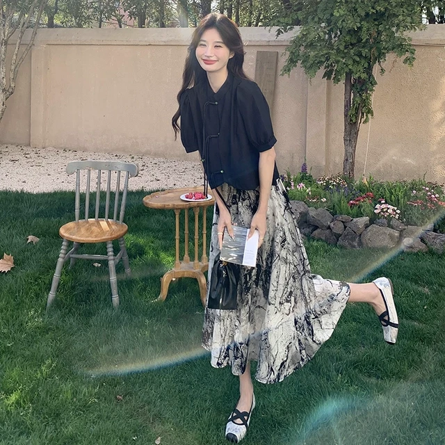 新中式国风盘扣两件套装裙女夏季盐系减龄流行巨显瘦遮肉时髦洋气