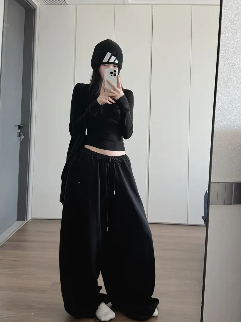 2025秋季新款韩系慵懒风休闲卫裤高腰松紧腰宽松抽绳运动拖地女裤