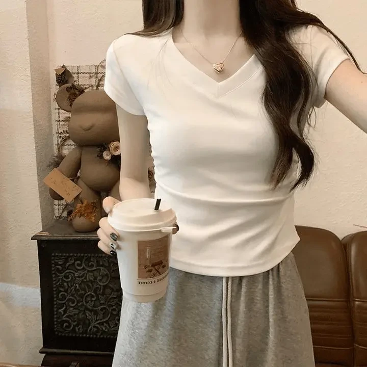 夏季辣妹修身显瘦洋气打底上衣纯色褶皱卡腰V领短款正肩T恤女短袖