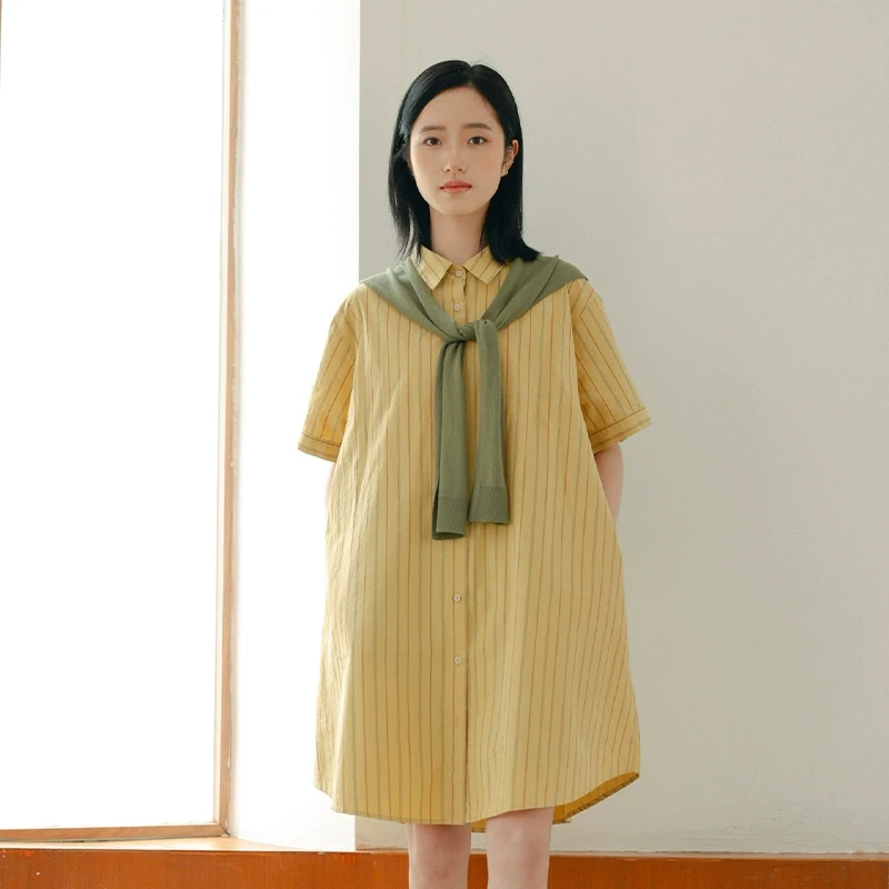 中和休闲超宽松衬衫裙女夏透气条纹连衣裙翻领短袖长裙E62370731