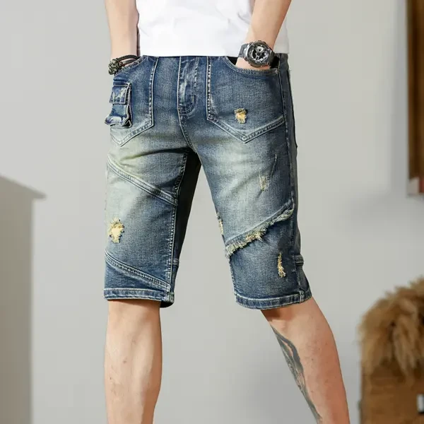 夏季破洞流苏拼接潮流潮流牛仔裤男士五分裤中裤弹力修身直筒短裤