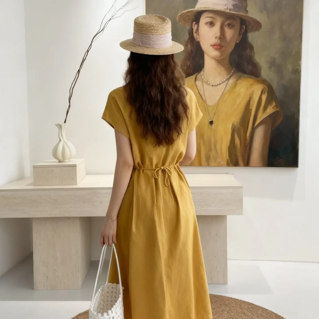 赫本风夏季V领不褪色显瘦气质收腰中长款百搭法式连衣裙
