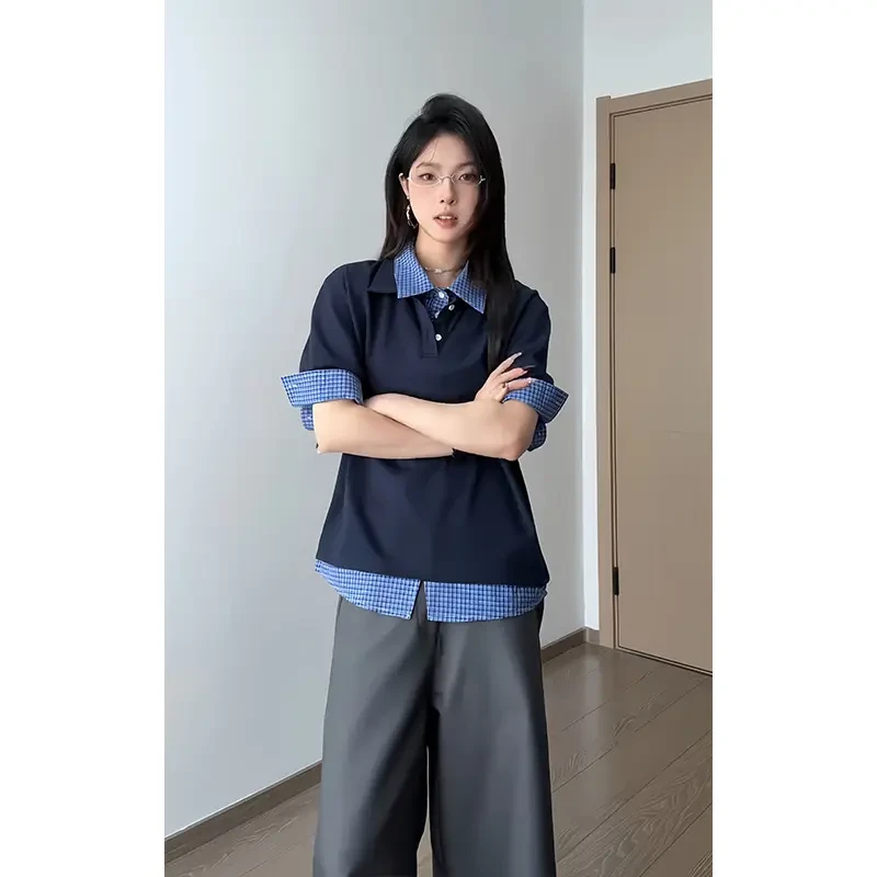 DERT假两件拼接格纹正肩polo衫男女夏季高级感学院风翻领短袖T恤