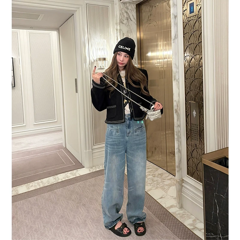 tingtings 做旧复古插袋设计阔腿牛仔裤女春秋宽松直筒裤拖地长裤