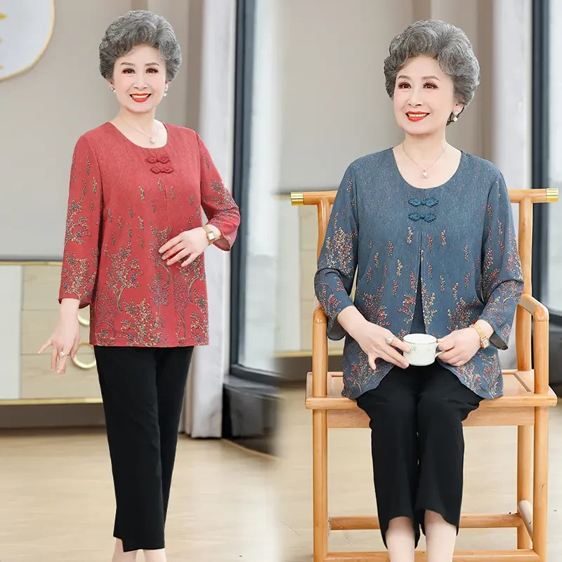 F301新款奶奶装提花宽松假两件70岁80春秋装七分袖民族风上衣