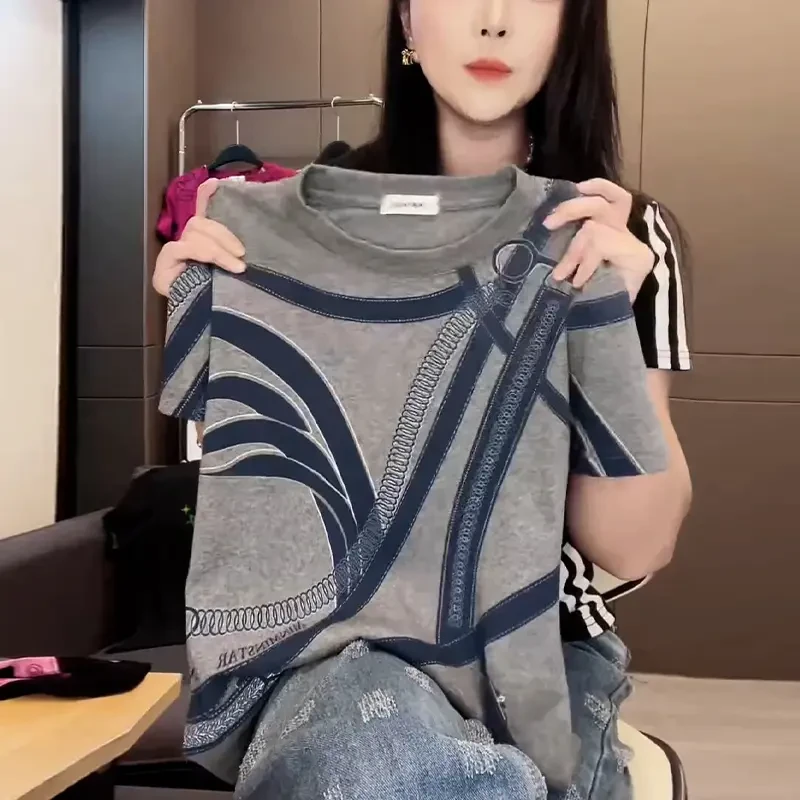 高含韩版时尚拼接短袖t恤女2025夏季新款修身显瘦百搭圆领上衣