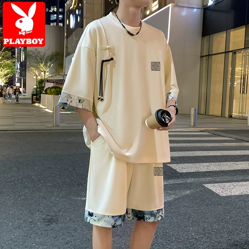 花花公子新中式国风套装男夏季宽松潮牌冰丝凉感短袖短裤帅气一套