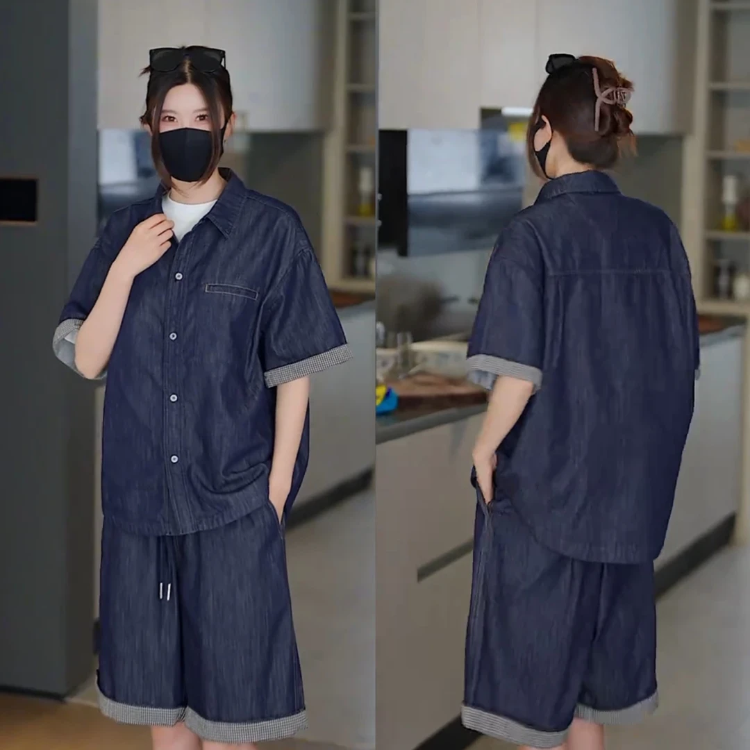 夏季潮流莱赛天丝牛仔休闲套装男薄款休闲百搭短袖衬衫短裤两件套