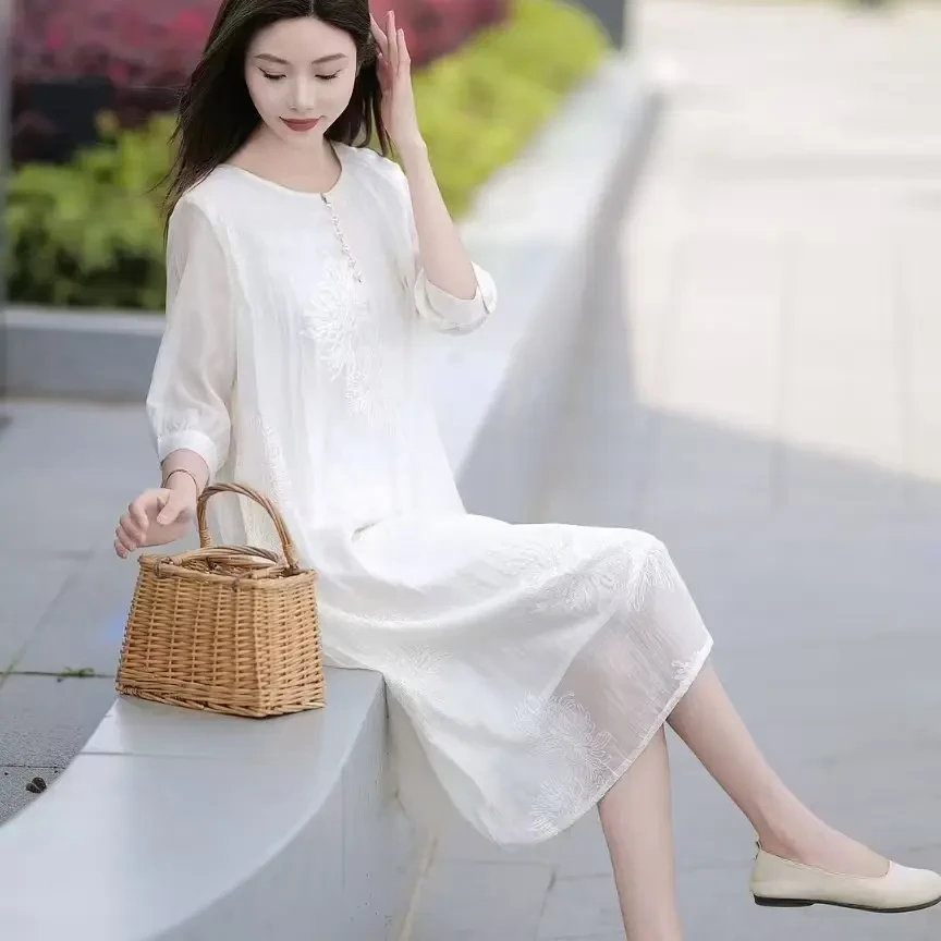 夏季中长裙气质常规复古长裙中式拼接连衣裙少女中国风宽松显瘦