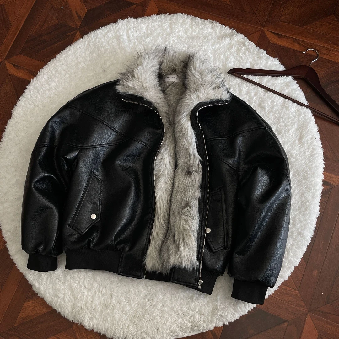 OkayThxBye "爆裂狼王"PU皮1500g仿狼毛一件过冬狼王座山雕棉服男