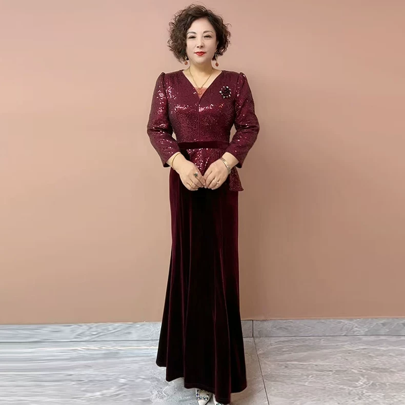 80225气质喜婆婆礼服年轻妈妈高贵旗袍连衣裙洋气鱼尾晚礼服长裙