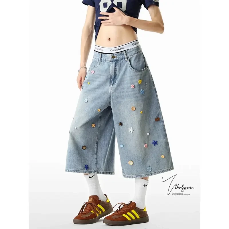 阔腿纽扣新款牛仔裤男女美式设计感直筒中裤cleanfit水洗短裤潮牌