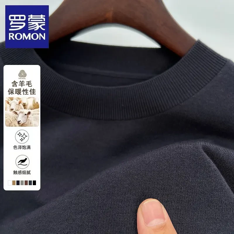 罗蒙秋冬季新款男士圆领毛衣T恤含羊毛中青年加厚针织打底衫潮流