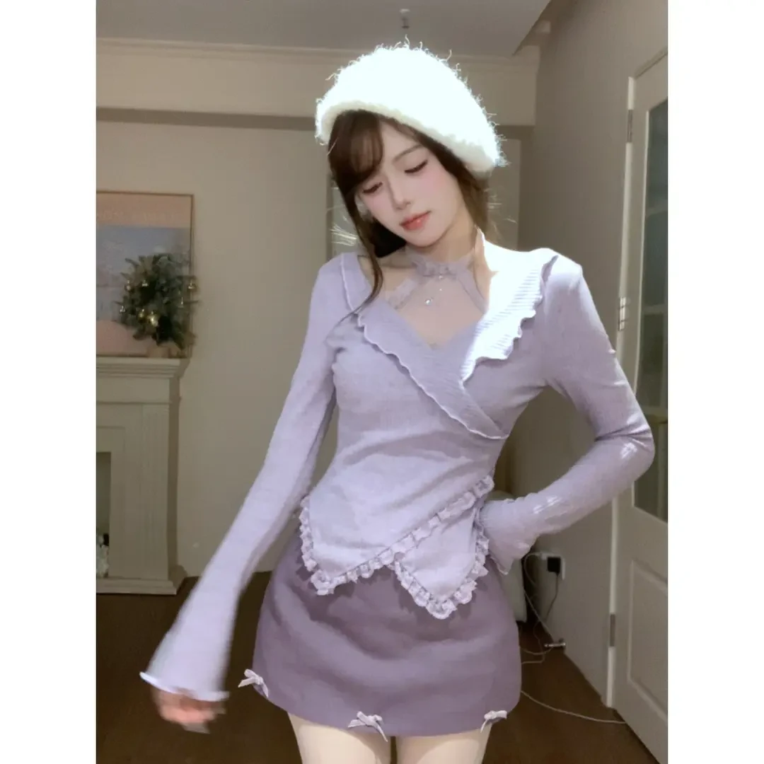 紫雾星河 2025春季新款纯欲风辣妹修身显瘦上衣+包臀短裙时尚套装