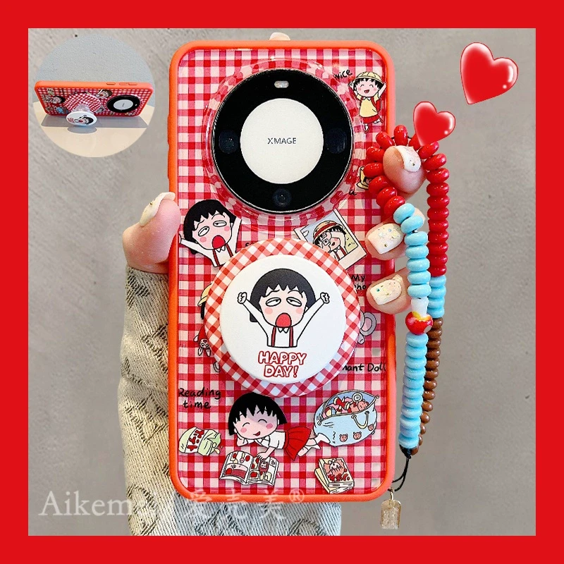 适用华为mate70pro+手机壳卡通格纹mate60pro+樱桃小丸子磁吸支架