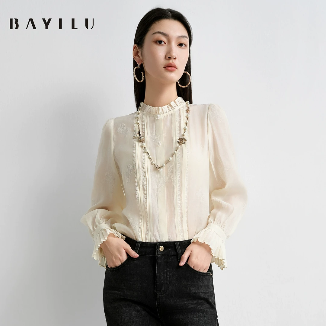 【力力淘】芭依璐2025春季衬衫女刺绣木耳边百搭衬衣91C0008