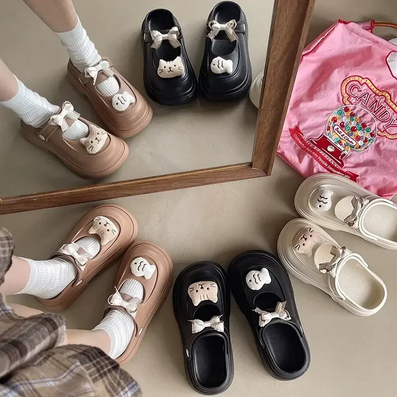 【咕噜】夏卡通小鱼可爱洞洞鞋女2025年蝴蝶结厚底防水踩屎感半拖鞋