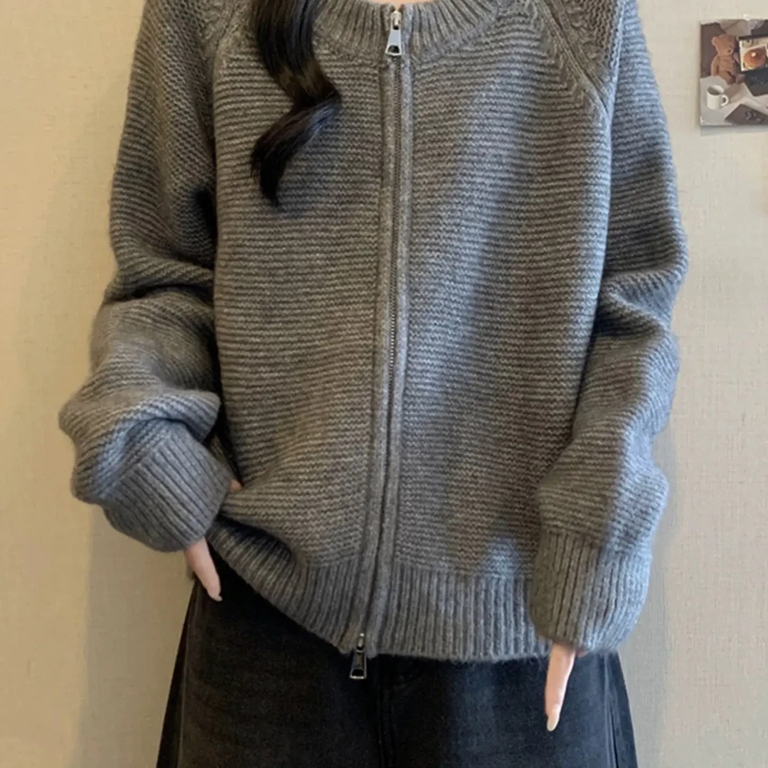 拉链毛衣针织衫针织衫小个子带帽子针织开衫宽松女