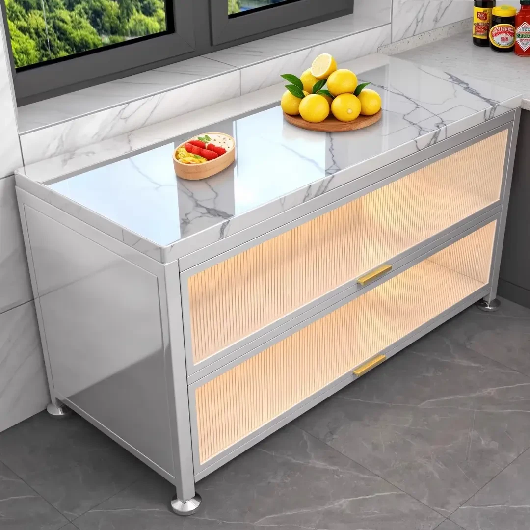 岩板厨房置物柜多功能落地调味品电器收纳多层加厚碳钢上翻门防尘