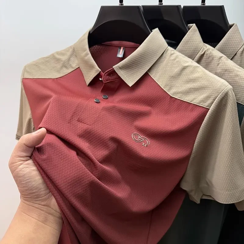 特大码300斤高端休闲轻奢冰丝拼接POLO衫男士夏季华夫格半袖上衣