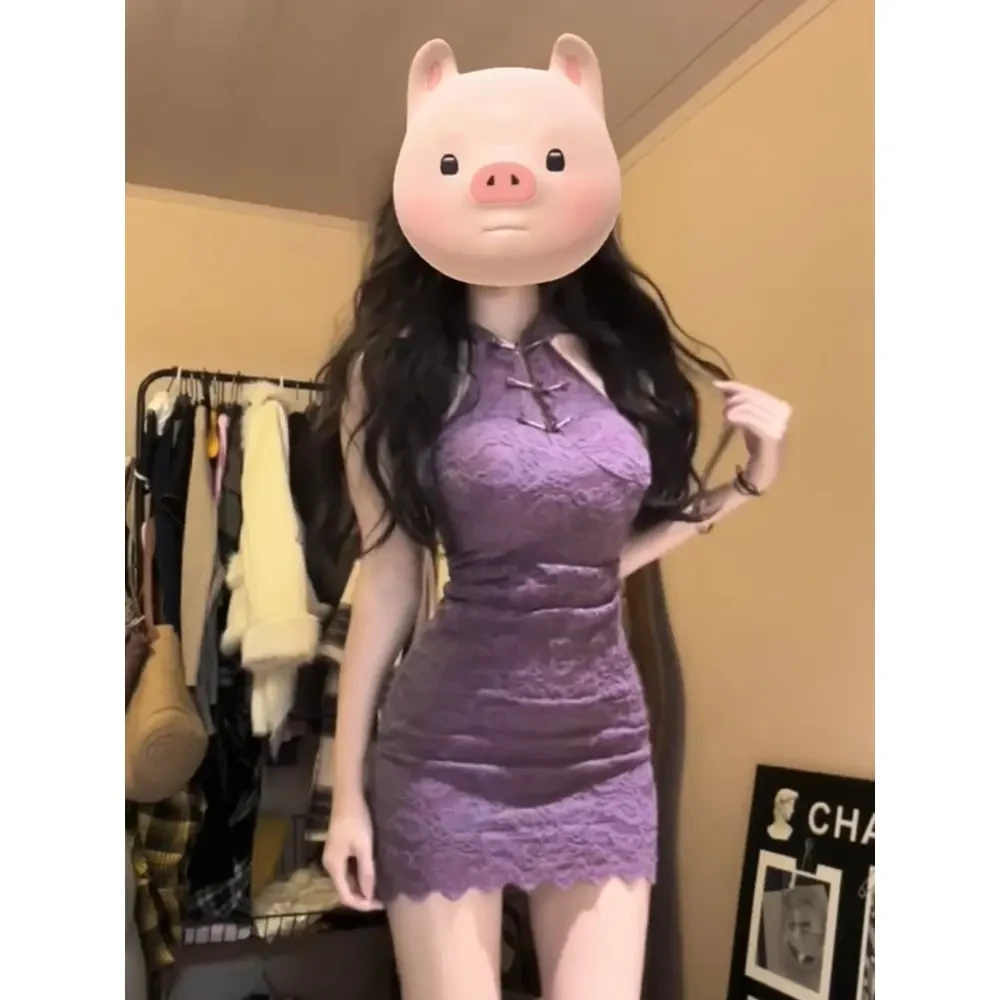 新中式盘扣露肩紫色连衣裙披肩外搭套装新款修身显瘦辣妹包臀裙女