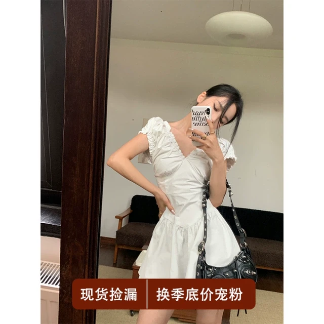 张只只 原张公子STUDIO 白色法式V领连衣裙子女夏季辣妹收腰A字裙