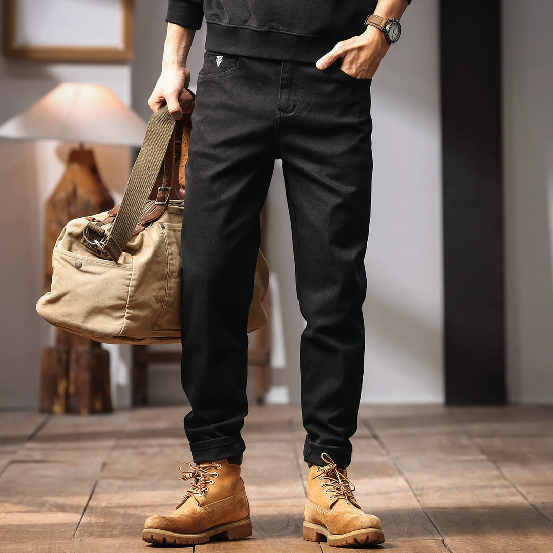 格蓝鹿美式黑色牛仔裤男春秋季抓绒潮牌修身直筒休闲水洗百搭裤子