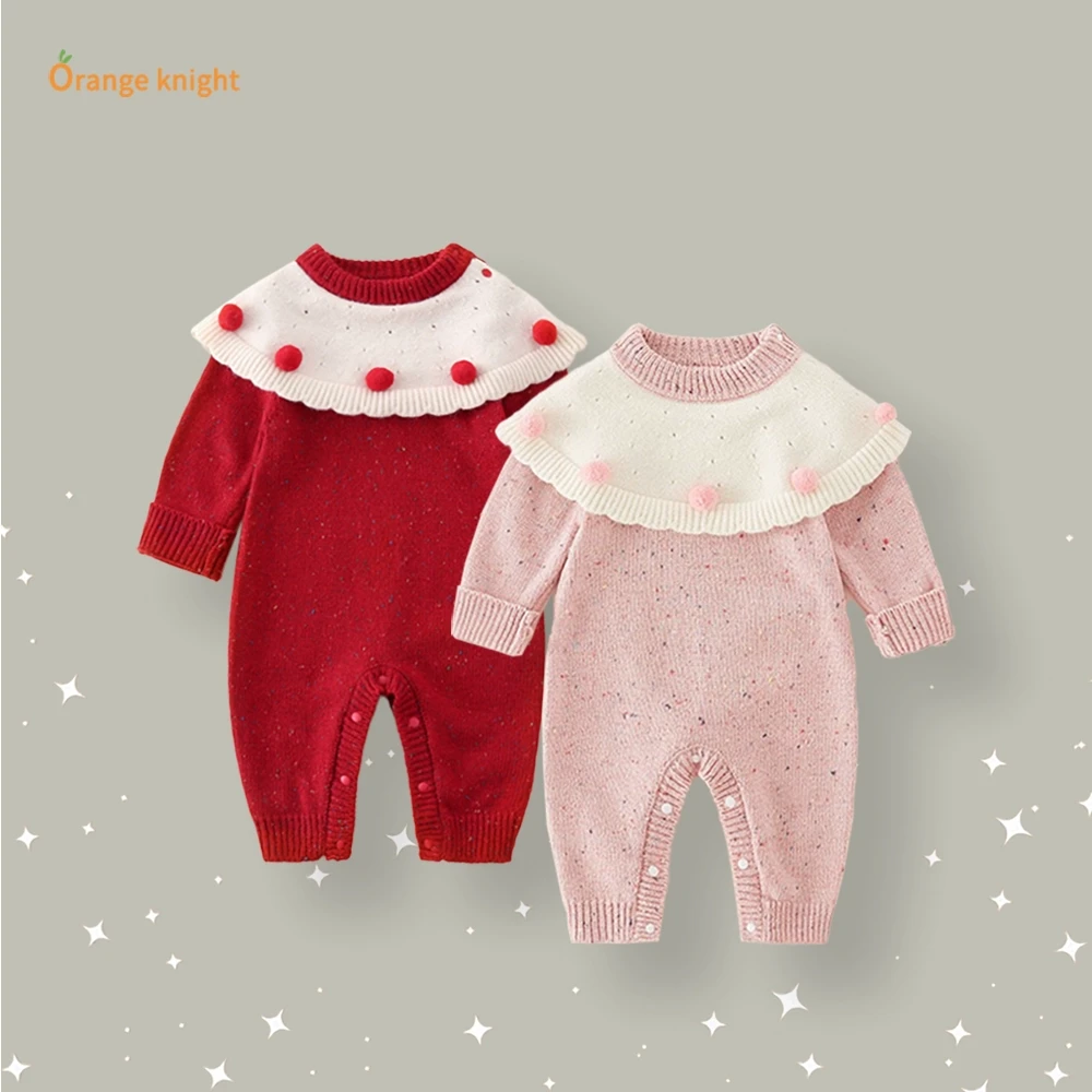 女宝宝秋冬季衣服婴儿甜美洋气长袖拼接毛衣针织衫连体衣外出爬服