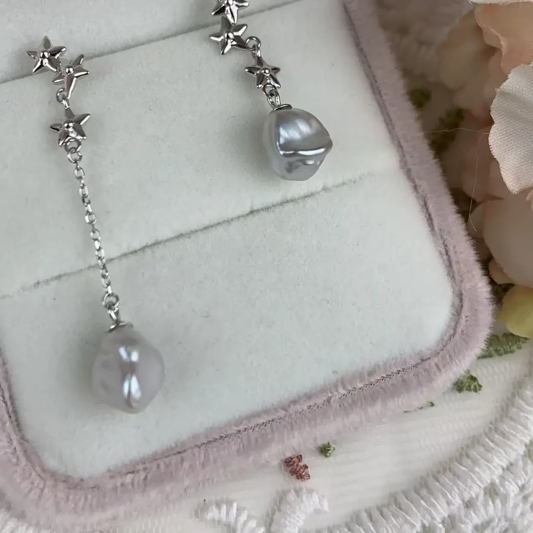 星星碎银子天然珍珠ab款耳钉ins风日系可爱不撞款元气流星