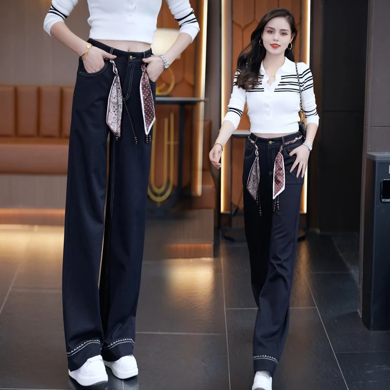 2025春秋季直筒牛仔裤女爆款高腰显瘦丹宁风宽松外穿窄版阔腿时尚