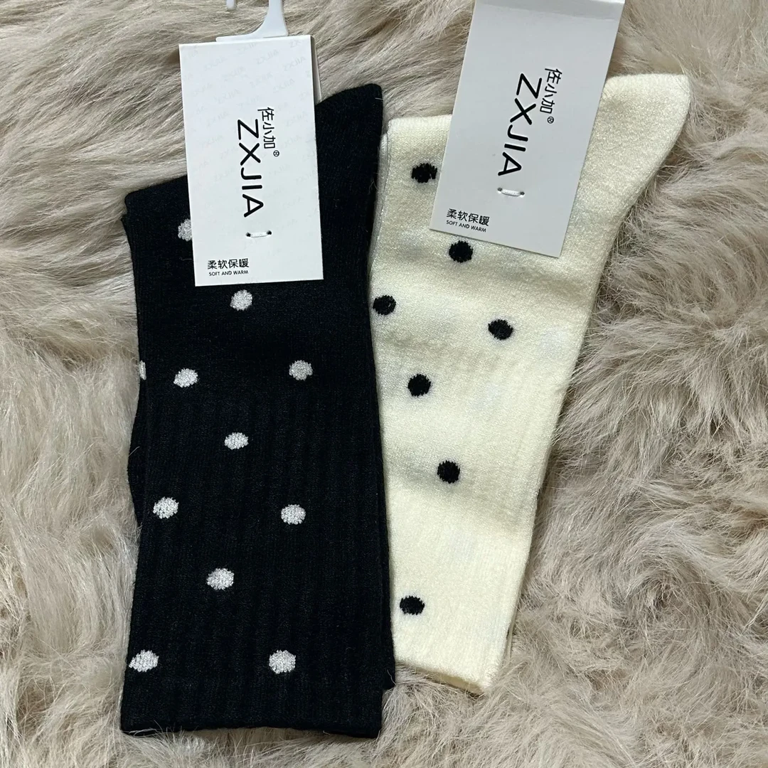 秋冬中筒袜女波点花边百搭复古甜美风保暖长袜