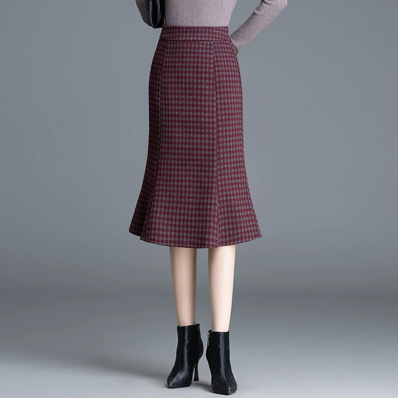 高腰一步裙显瘦中长秋冬季加厚毛呢格子冬裙包臀小个子鱼尾半身裙