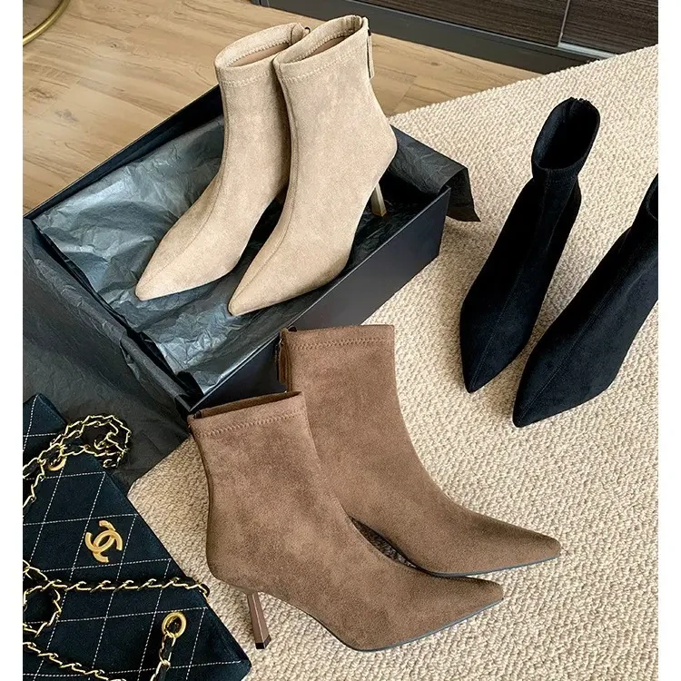 欧美风绒面尖头细跟弹力瘦瘦靴女2025秋冬新款加绒百搭大码短靴子